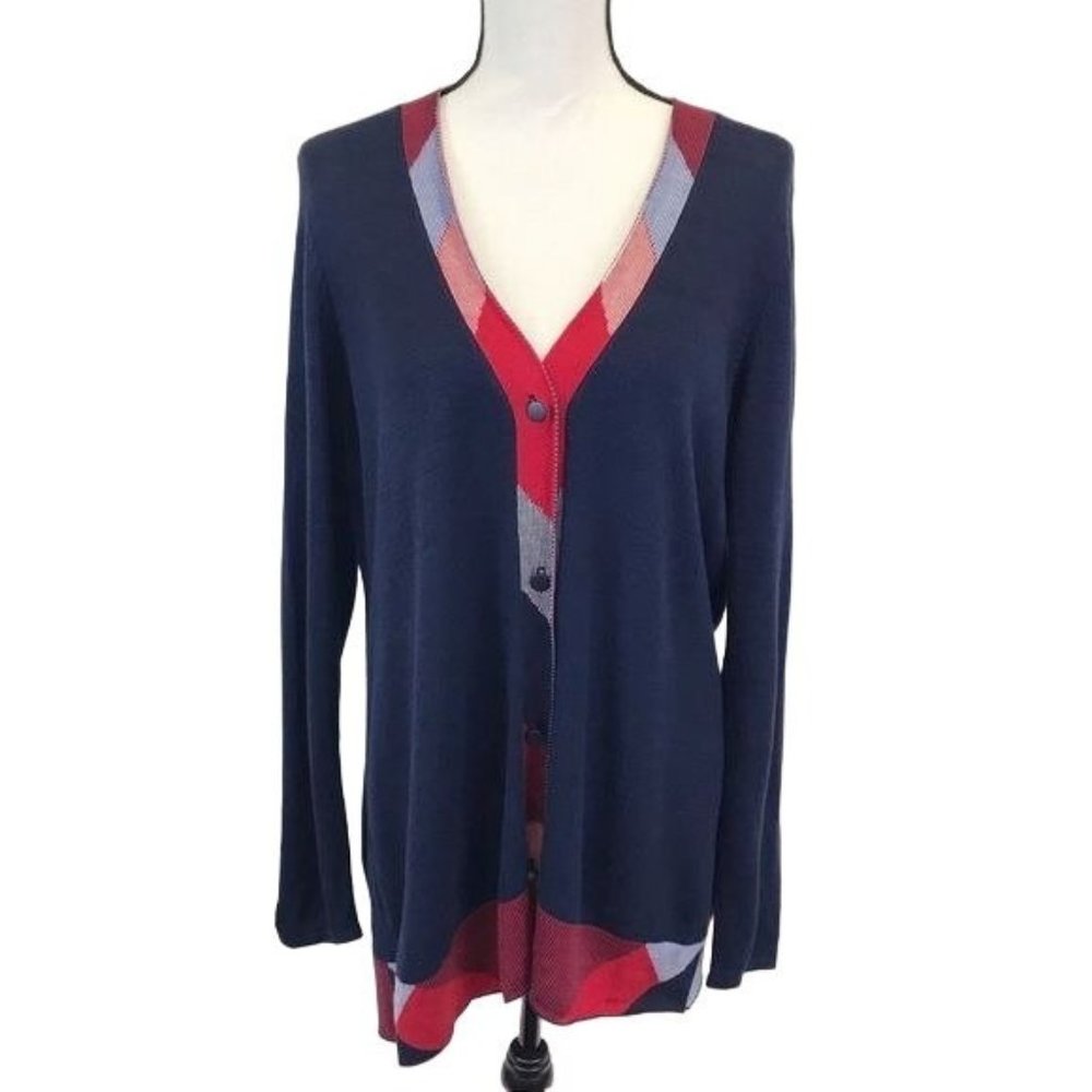 NWT Charter Club Womens Navy Blue Contrast Trim Button Front Cardigan Sweater L